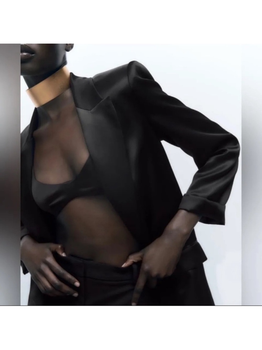 ZARA BLACK TURNED-UP CUFF SATIN EFFECT BLAZER - Picture 5 of 13